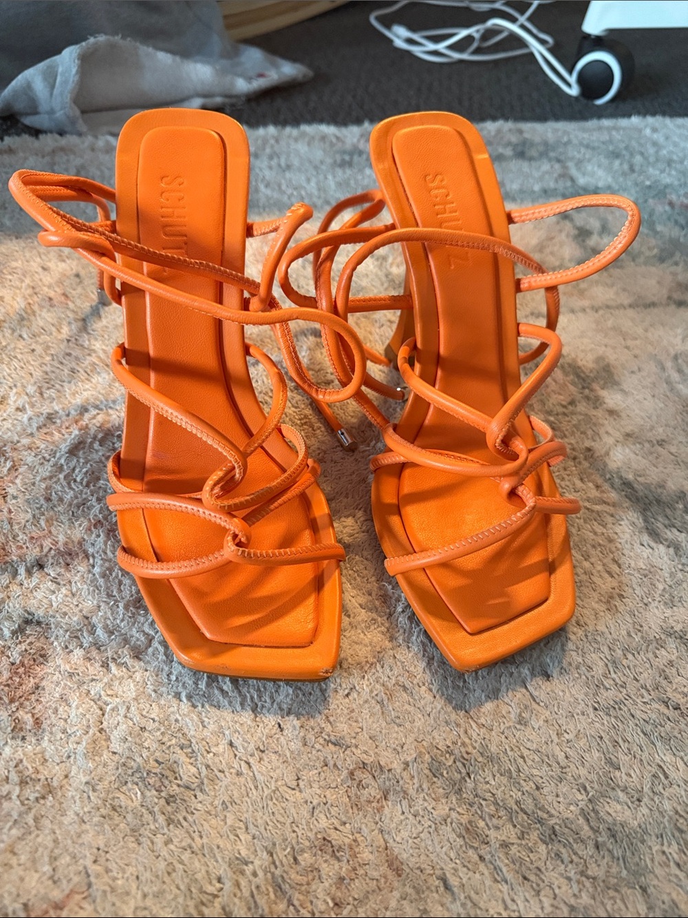 Schultz Orange Strappy Wrap Square-Toe Heels